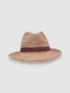 Raffia straw Fedora hat with dark brown woven band and Mister Miller keyhole detail. front view