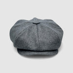 Bakerboy cap in soft grey 100% cashmere wool — Riley’s Companion by Mister Miller, handmade in Britain. front view
