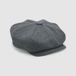 Bakerboy cap in soft grey 100% cashmere wool — Riley’s Companion by Mister Miller, handmade in Britain. side view