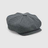 Bakerboy cap in soft grey 100% cashmere wool — Riley’s Companion by Mister Miller, handmade in Britain. side view