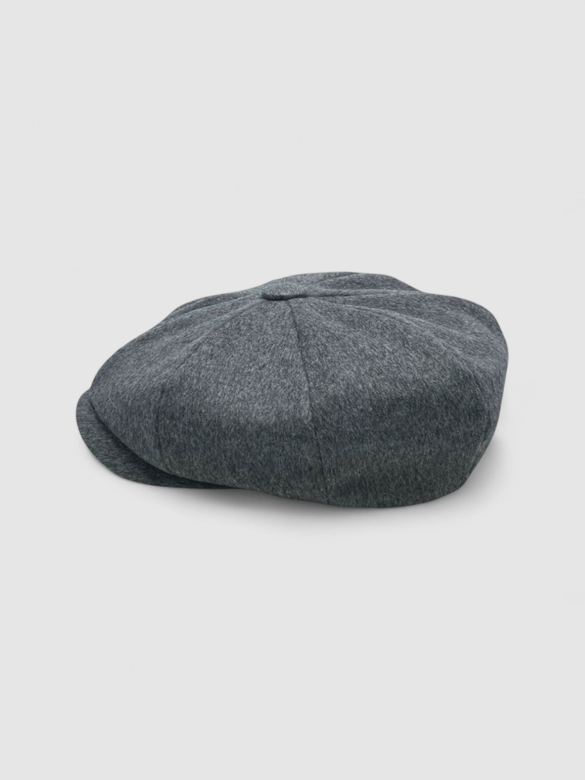 Bakerboy cap in soft grey 100% cashmere wool — Riley’s Companion by Mister Miller, handmade in Britain. profile view
