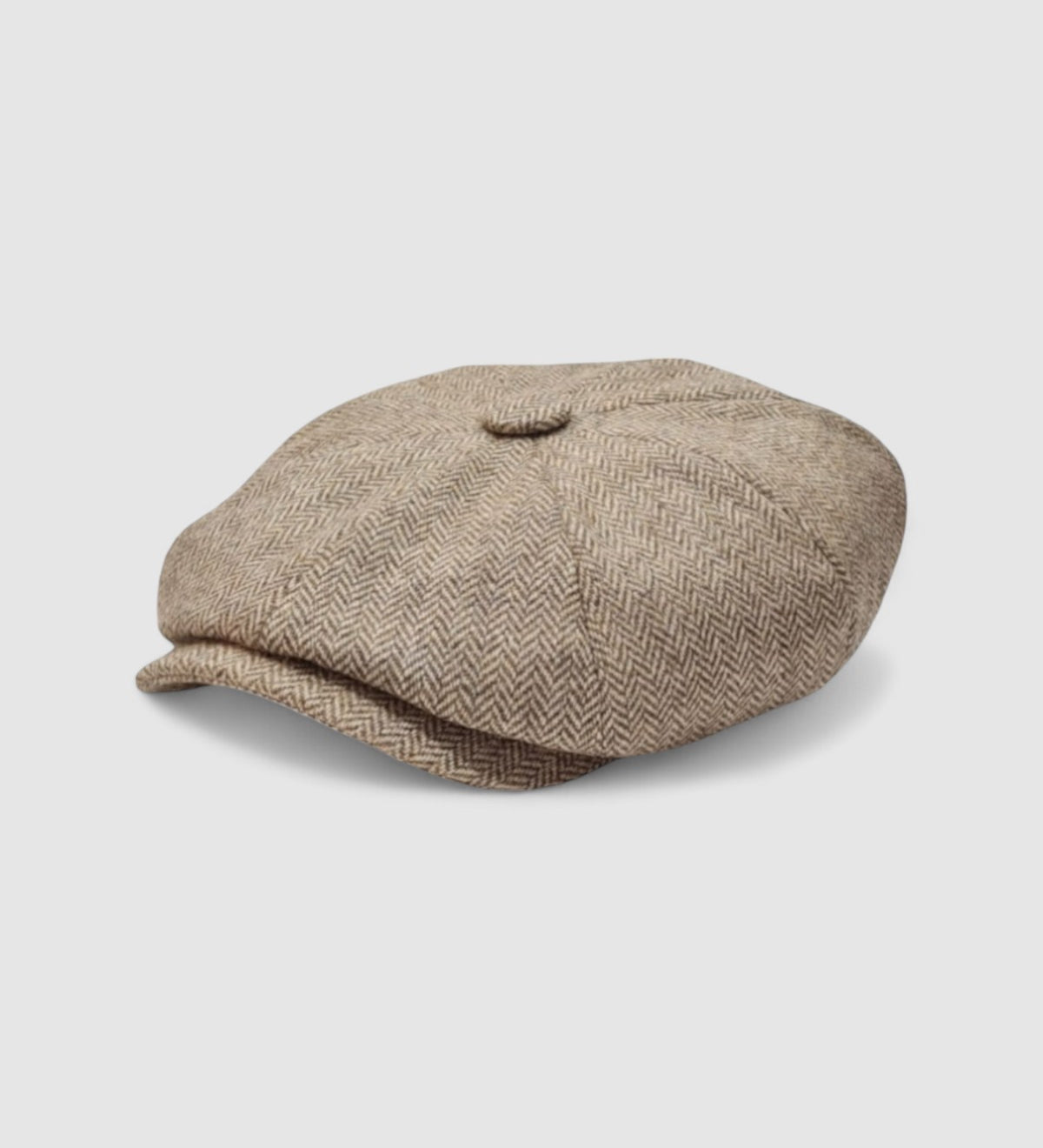 Bakerboy cap in beige herringbone Merino lambswool — Riley’s Peregrine by Mister Miller, handmade in Britain. Side view