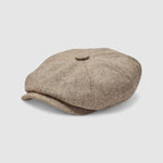 Bakerboy cap in beige herringbone Merino lambswool — Riley’s Peregrine by Mister Miller, handmade in Britain. Side view