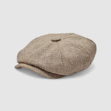 Bakerboy cap in beige herringbone Merino lambswool — Riley’s Peregrine by Mister Miller, handmade in Britain. Side view