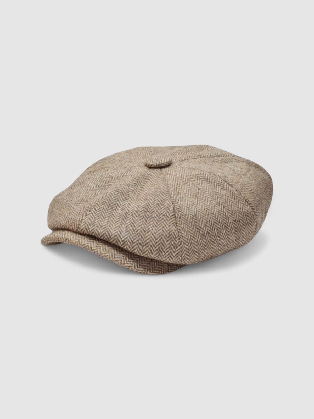 Bakerboy cap in beige herringbone Merino lambswool — Riley’s Peregrine by Mister Miller, handmade in Britain. Side view