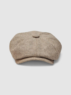 Bakerboy cap in beige herringbone Merino lambswool — Riley’s Peregrine by Mister Miller, handmade in Britain. front view