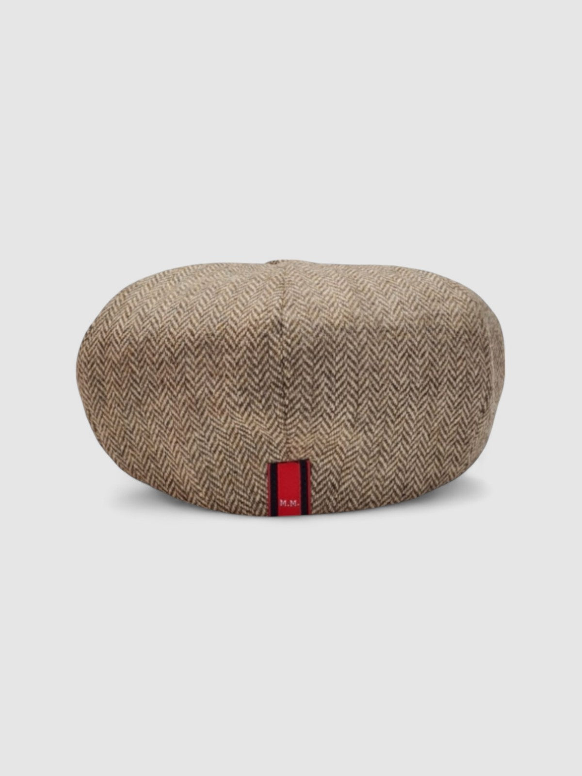 Bakerboy cap in beige herringbone Merino lambswool — Riley’s Peregrine by Mister Miller, handmade in Britain. rear view