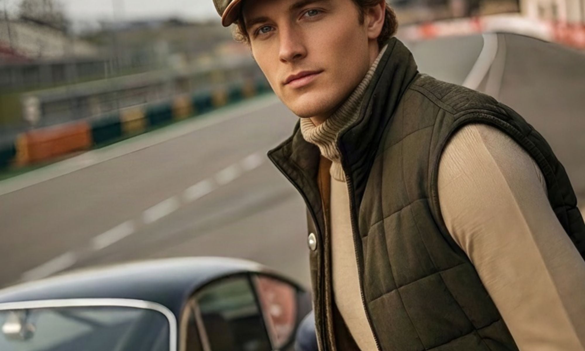 man in a green and brown bakerboy flatcap beside a classic jaguar E type car mister miller