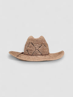 Raffia straw cowboy hat with wide brim, lattice weave, and brown wax cord, by Mister Miller. front view