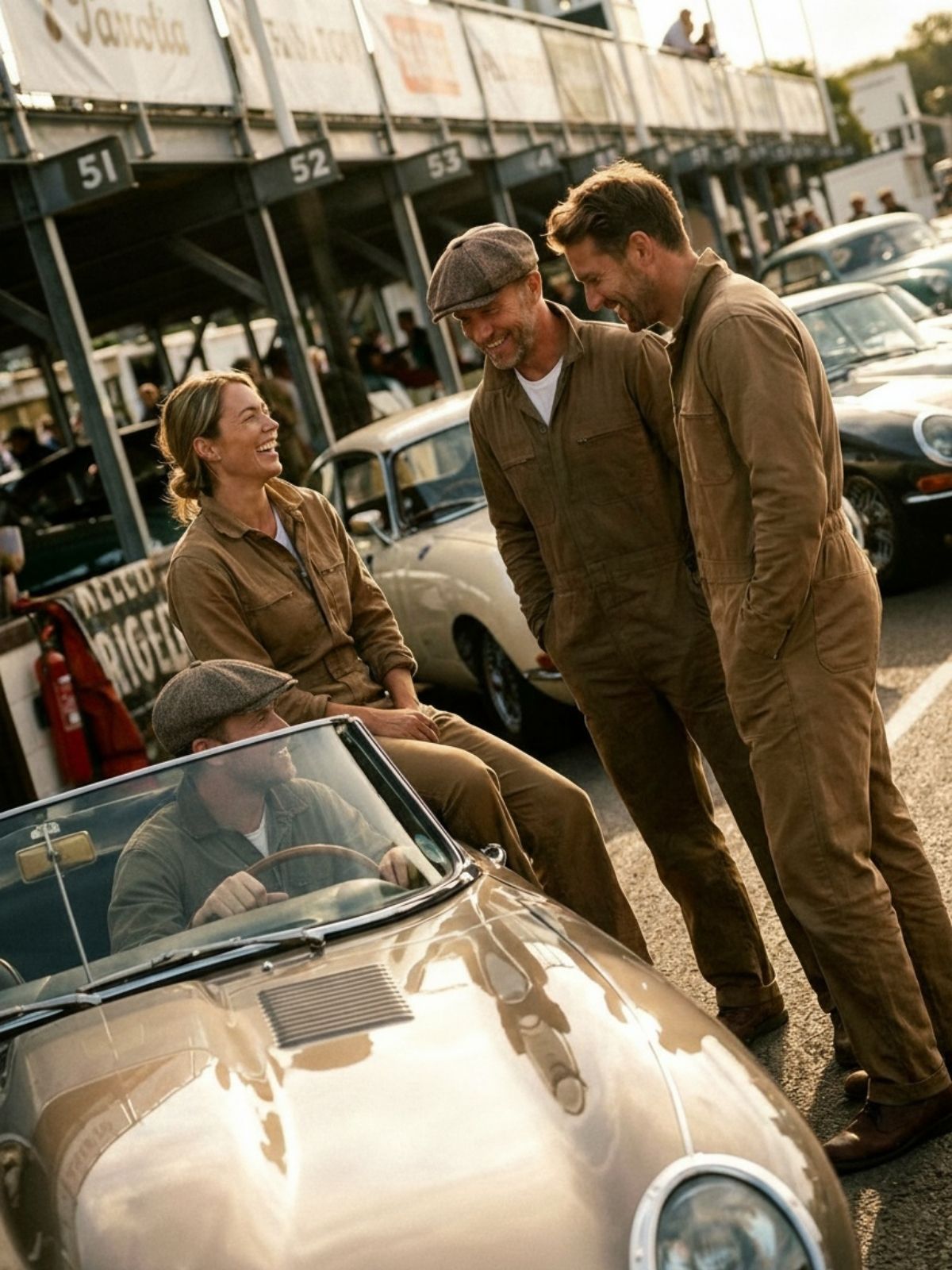 Three people in newsboy caps and matching brown racing jumpsuits gather around a classic car at a race track, with a driver seated inside the car and race grandstands in the background.