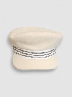 Cream wool sailor cap with silver chain detail – handmade by Mister Miller. front view