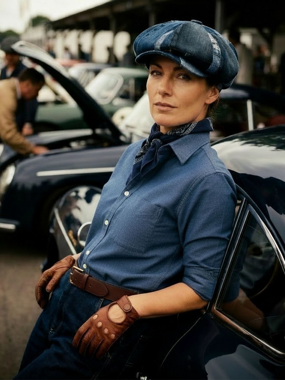 A woman wearing a blue denim flat cap, matching blue denim shirt and trousers, brown leather gloves, and a brown leather belt leans against a vintage dark blue car in an outdoor market setting.